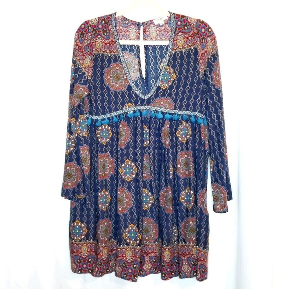 Umgee Blue Multicolor Regina Boho Print Tassel Trim Peasant Dress